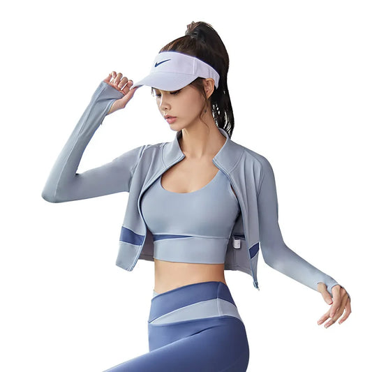 Frauen Yoga Patchwork 3 Stück Set Fitness Gym Mäntel + Bh + Leggings Workout Lauf Sportswear Kleidung Trainingsanzug Ensemble Femme