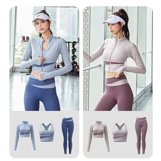 Frauen Yoga Patchwork 3 Stück Set Fitness Gym Mäntel + Bh + Leggings Workout Lauf Sportswear Kleidung Trainingsanzug Ensemble Femme